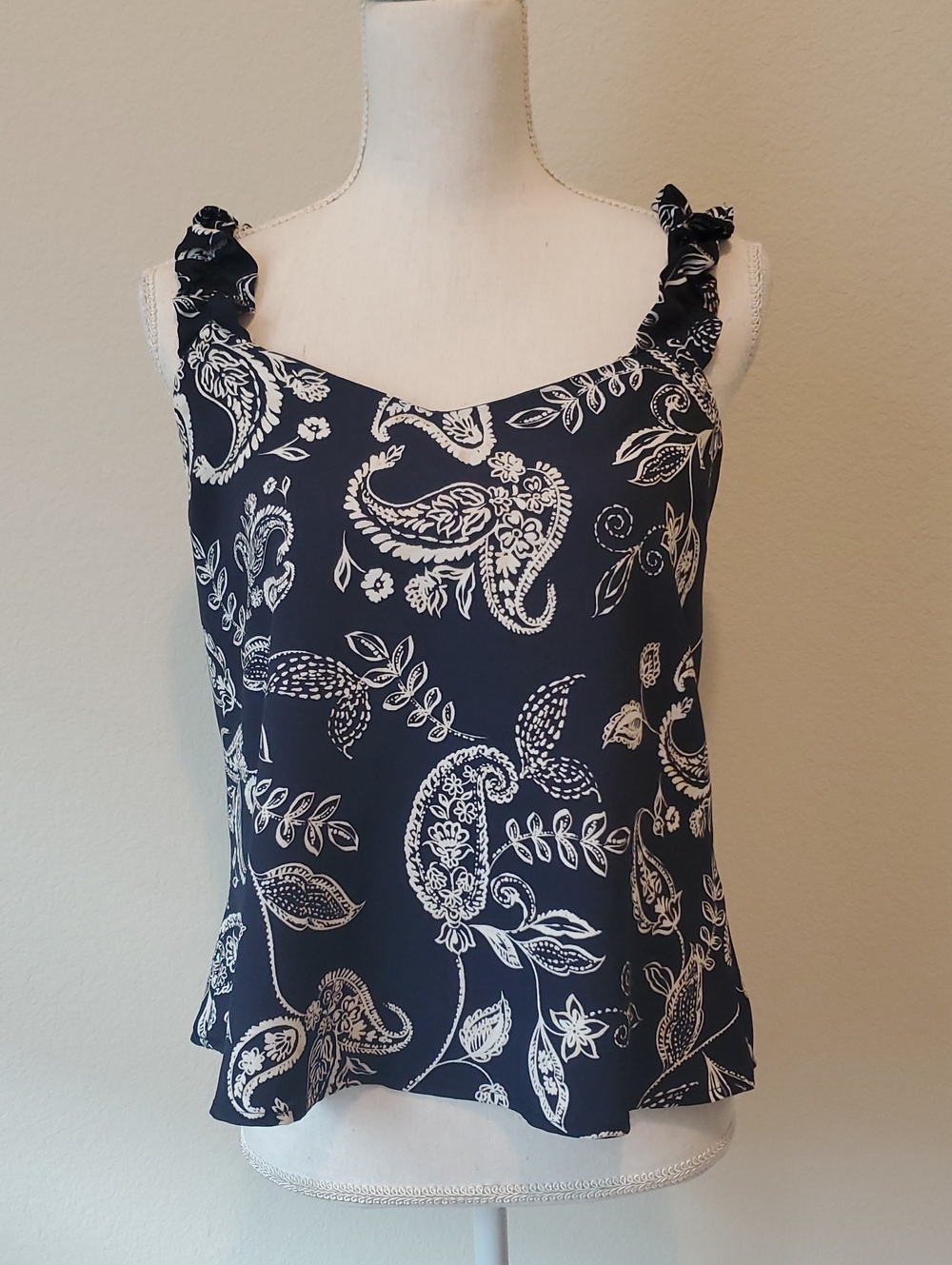 Express Navy and White Paisley Ruffle Strap Cami